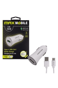 Maxmobile Auto Adapter USB SC-106 QC 3.0, 18W Quick Charge 3A+Type C bijeli